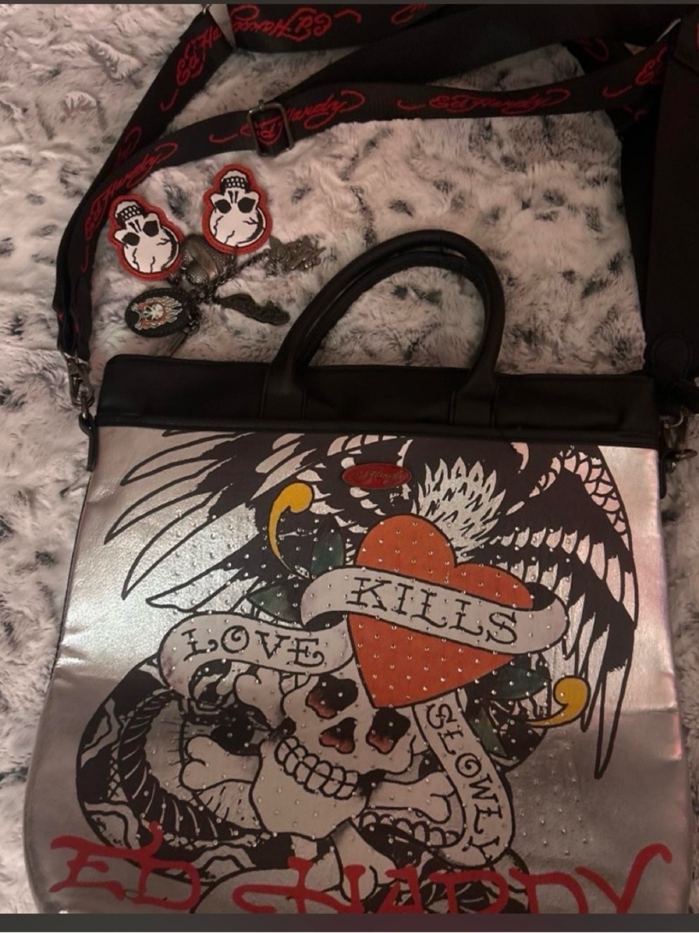 Ed Hardy Silver Metallic Leather Tote with Black Trim and Red Heart Accent